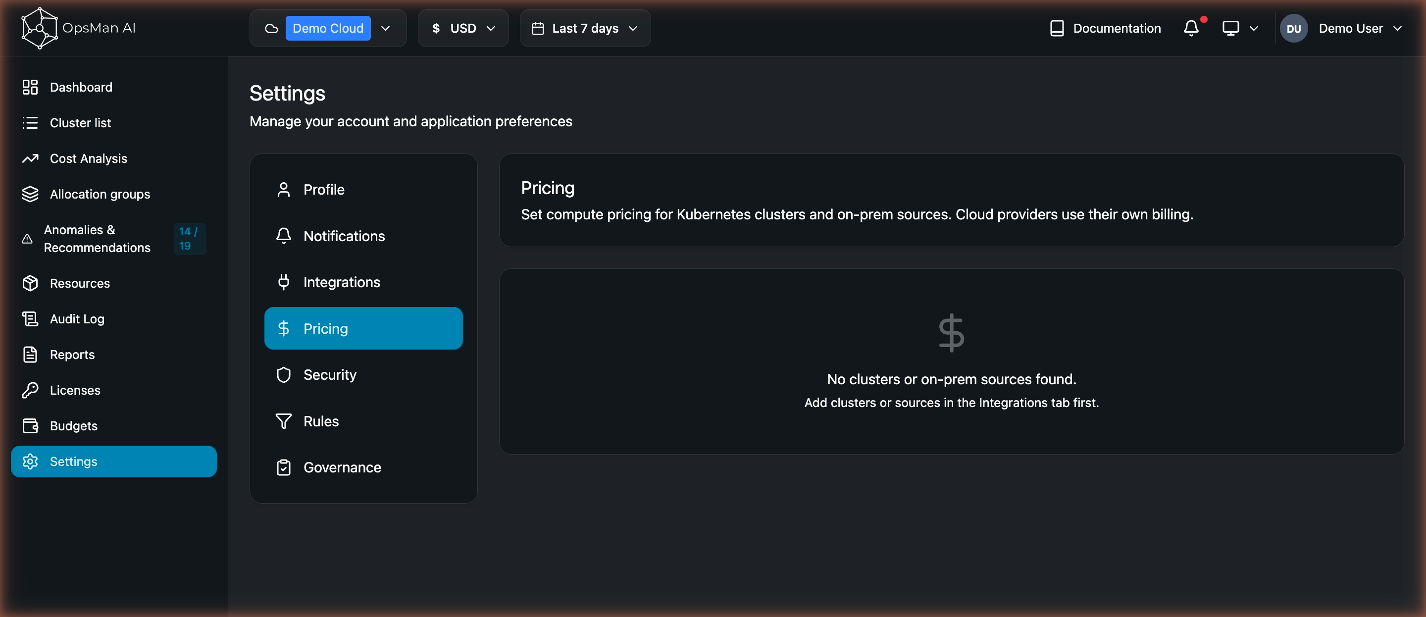 Settings · Pricing